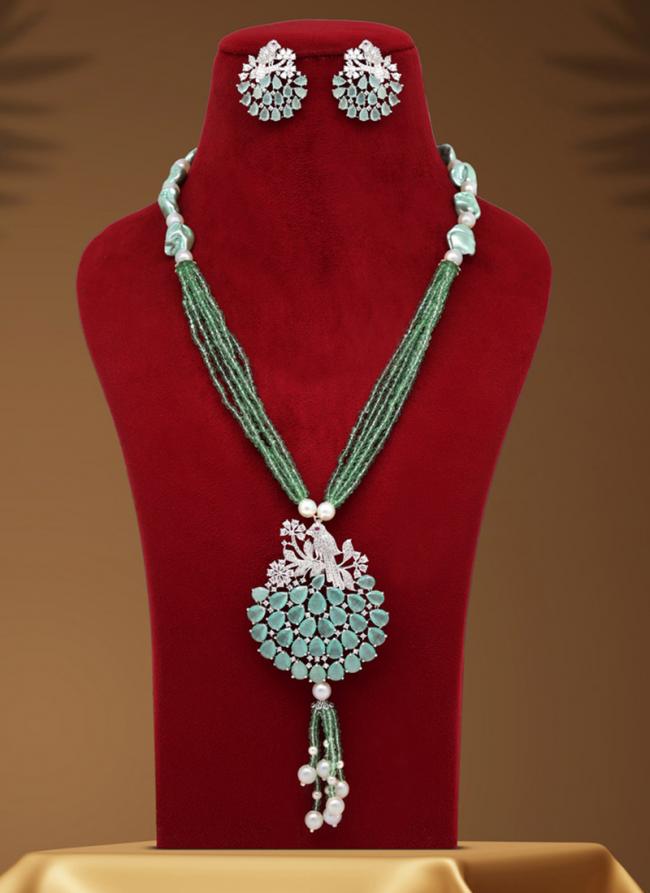 Pista Green American Diamond Premium Necklace Set With Kundan Earrings