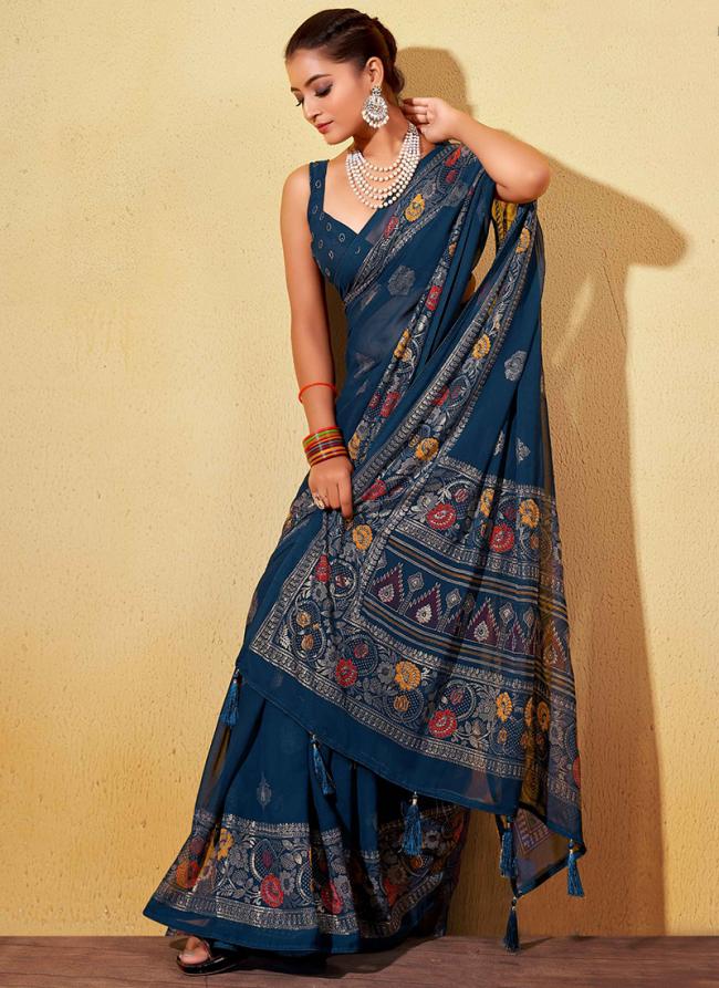 Blue Doll Moss Party Wear Digital Printed Saree