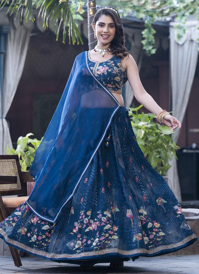 Blue Pure Chinnon Party Wear Sequence Work Readymade Lehenga Choli