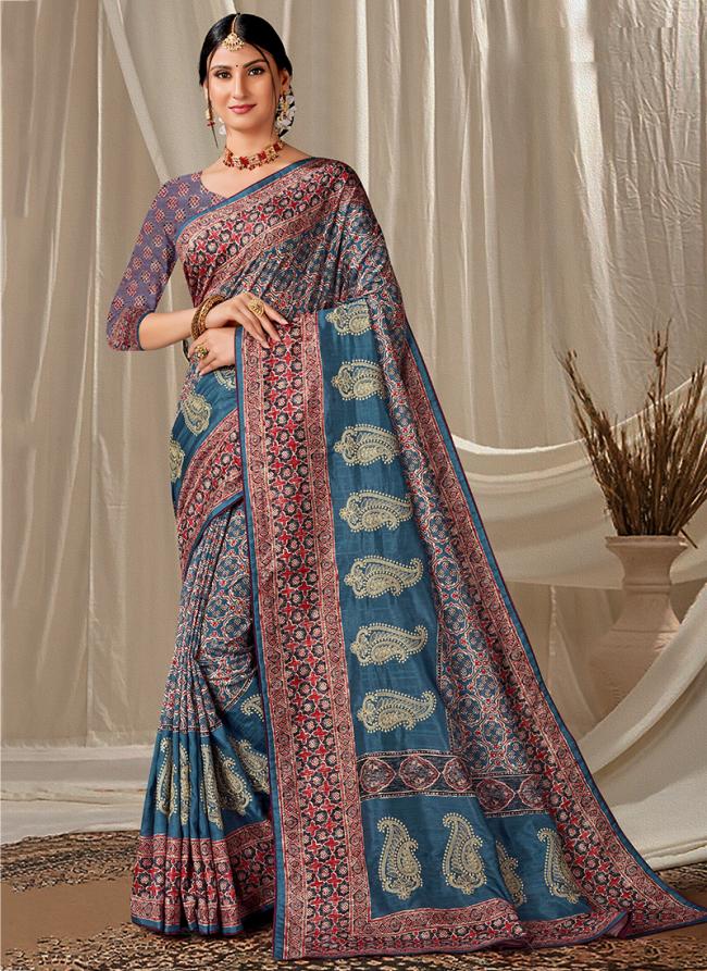 Blue Red Art Silk Festival Wear Digital Printed Saree