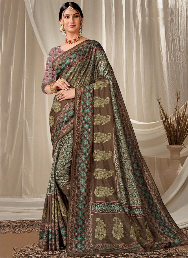 Brown Blue Art Silk Festival Wear Digital Printed Saree