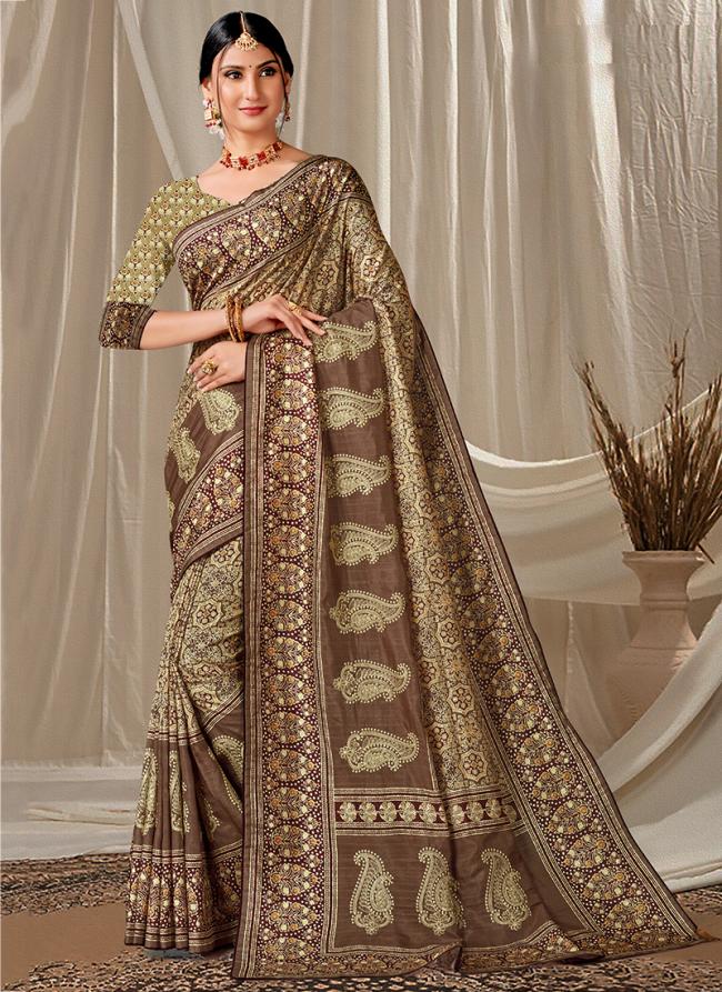 Brown Green Art Silk Festival Wear Digital Printed Saree