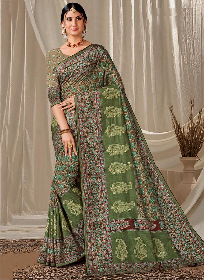 Green Sky Blue Art Silk Festival Wear Digital Printed Saree