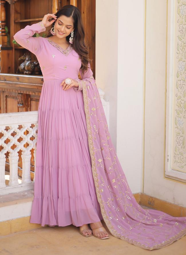 Lavender Faux Blooming Georgette Party Wear Embroidery Work Readymade Gown With Dupatta