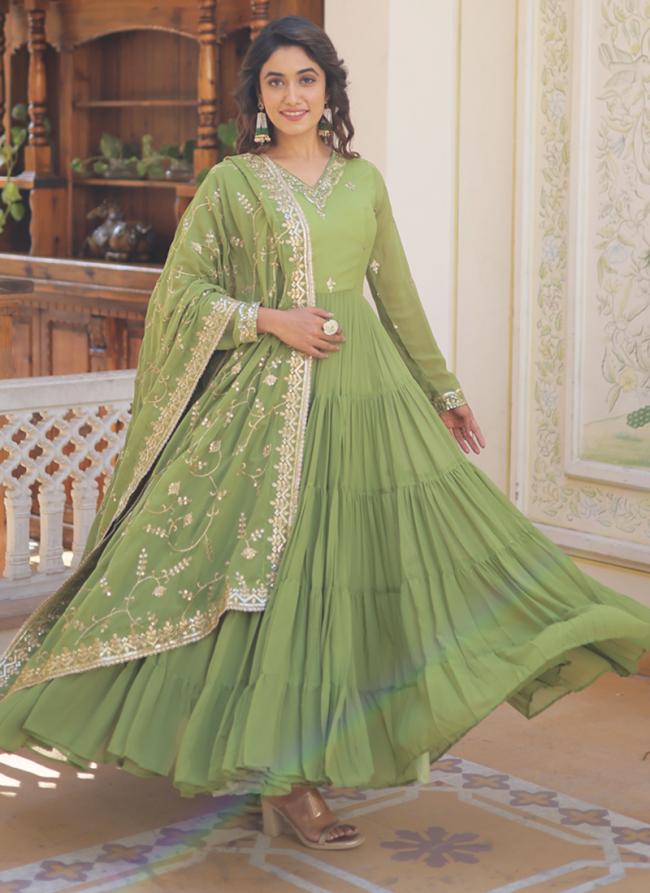 Parrot Green Faux Blooming Georgette Party Wear Embroidery Work Readymade Gown With Dupatta