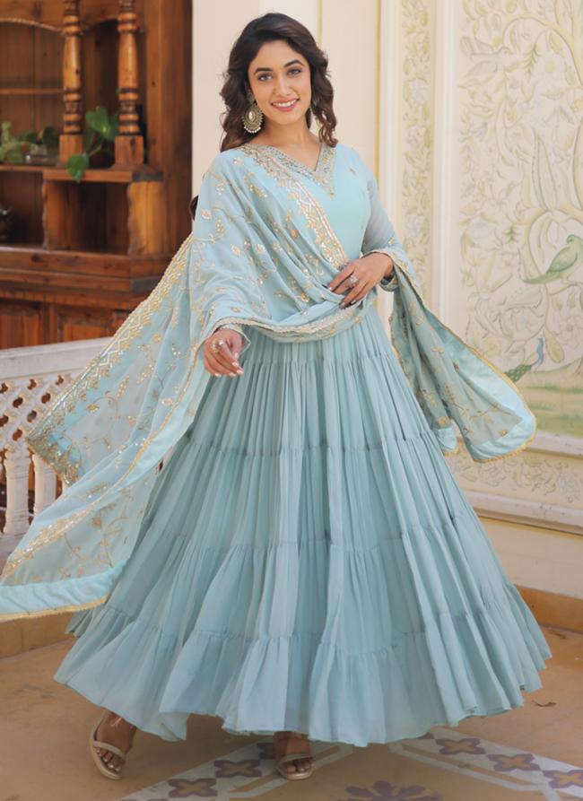 Sky Blue Faux Blooming Georgette Party Wear Embroidery Work Readymade Gown With Dupatta