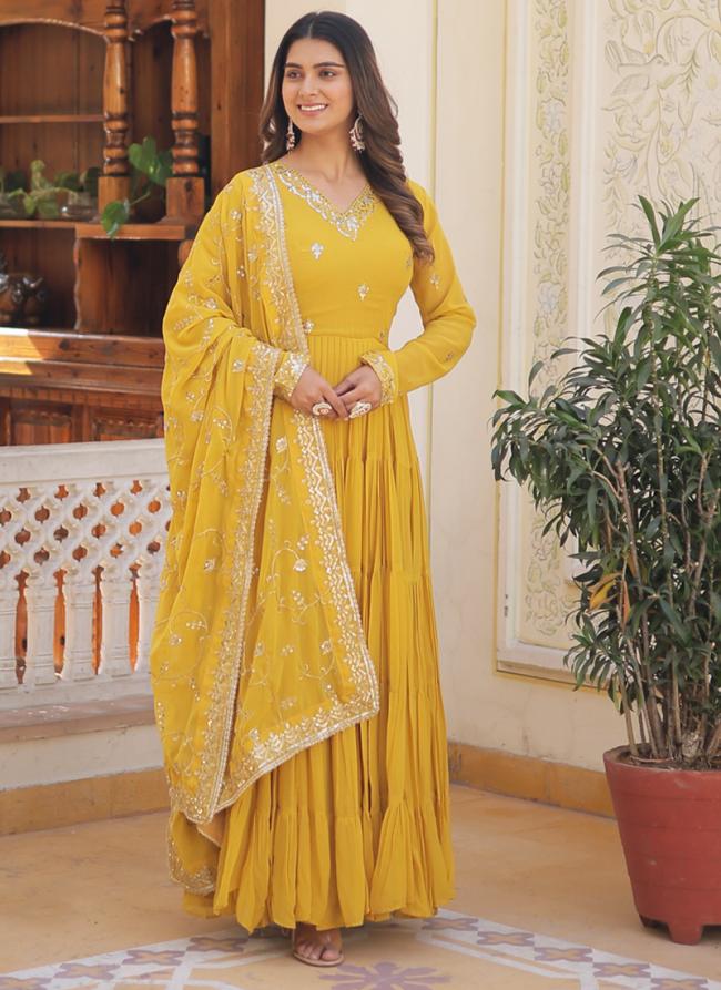 Yellow Faux Blooming Georgette Party Wear Embroidery Work Readymade Gown With Dupatta