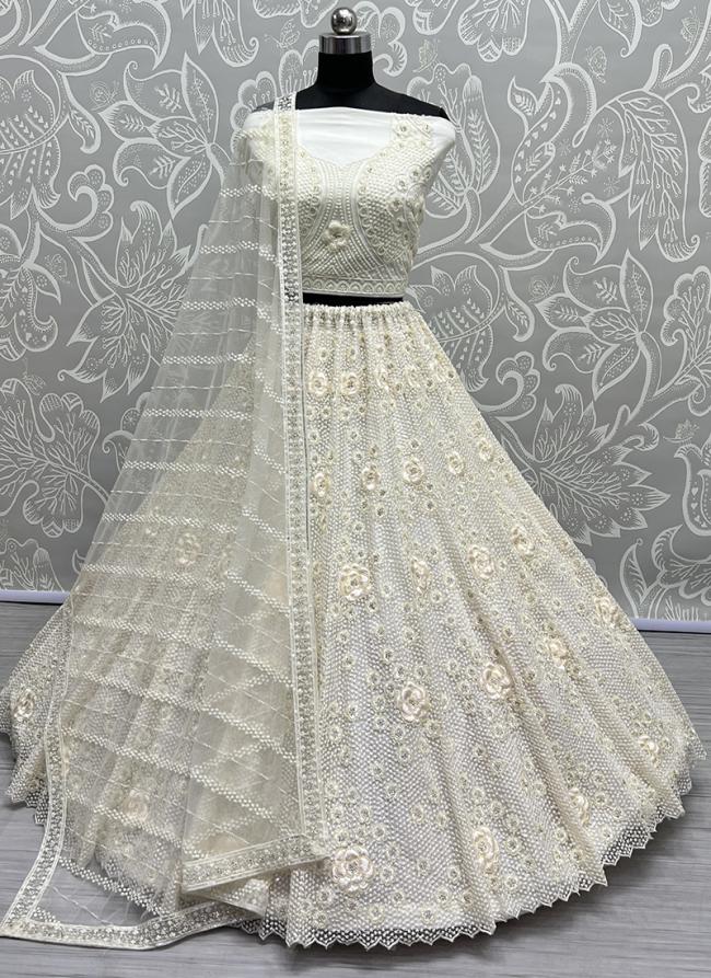 White Heavy Net Wedding Wear Sequence Work Lehenga Choli