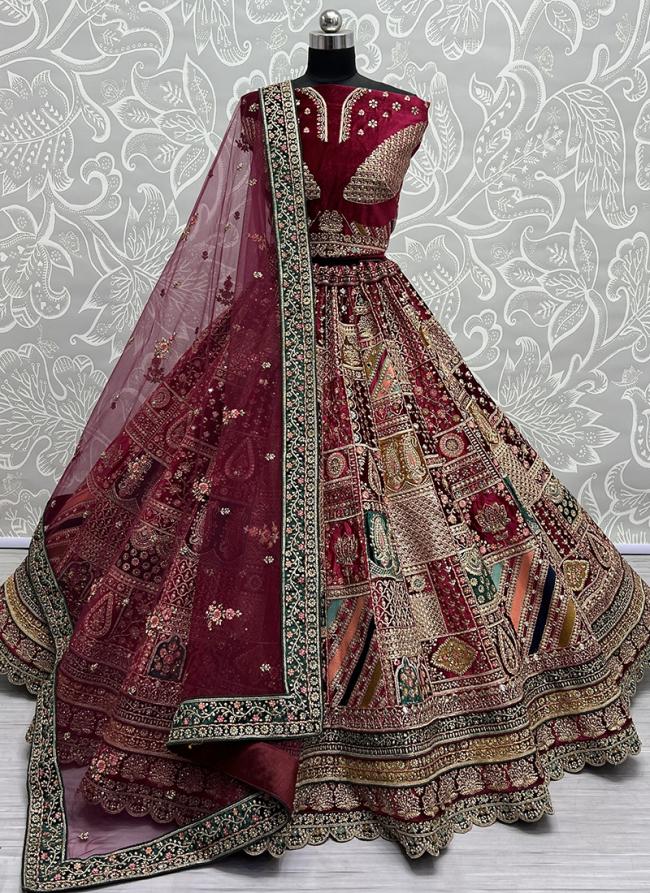 Maroon Velvet Wedding Wear Embroidery Work Lehenga Choli