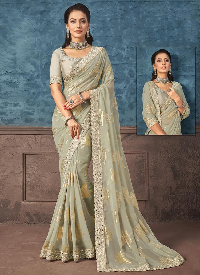 Grey Georgette Party Wear Embroidery Work Saree