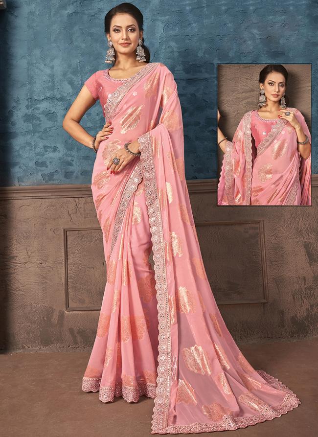 Pink Georgette Party Wear Embroidery Work Saree