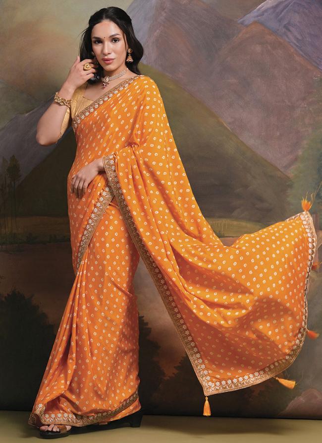 Orange Chinnon Party Wear Digital Printed Saree