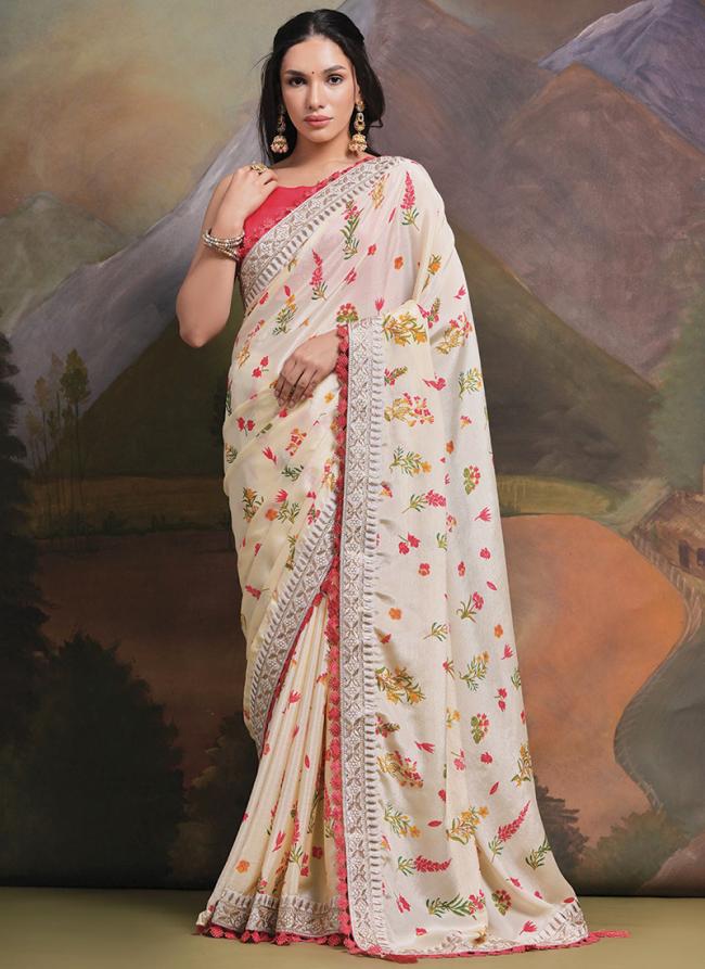 White Chinnon Party Wear Digital Printed Saree