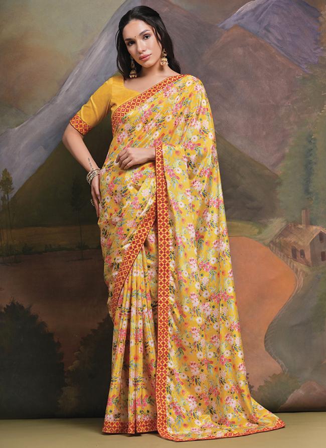 Yellow Chinnon Party Wear Digital Printed Saree