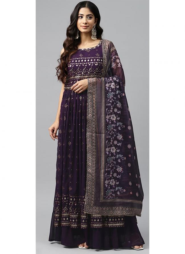 Purple Georgette Party Wear Embroidery Work Readymade Gown