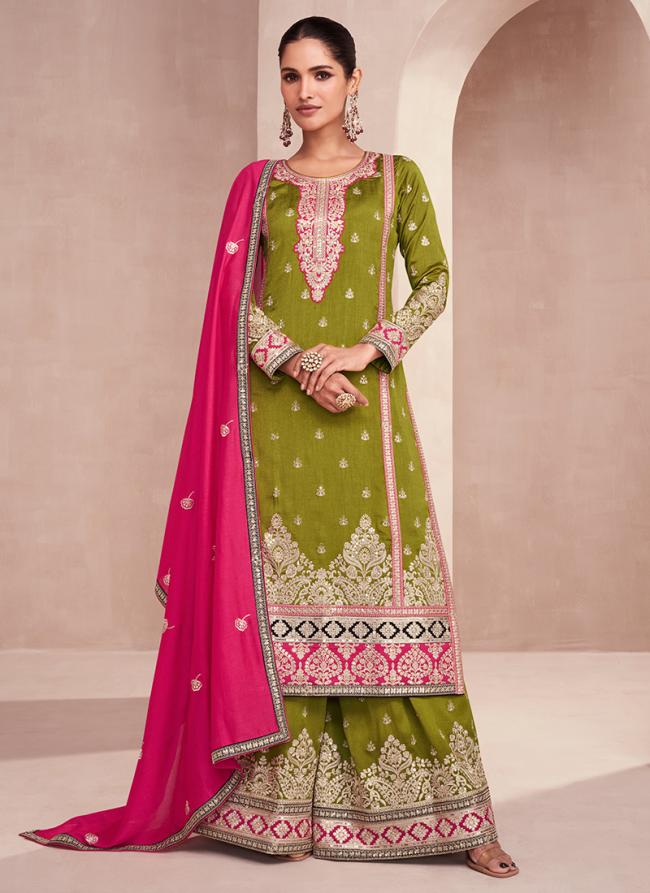 Green Premium Silk Wedding Wear Embroidery Work Readymade Plazzo Suit