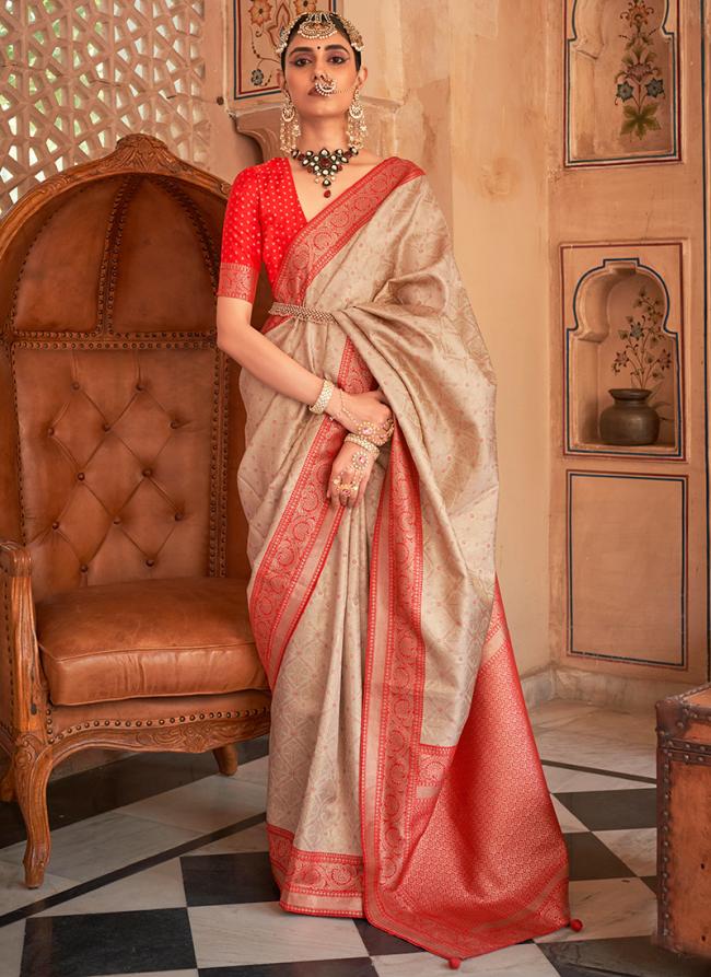 Beige Red Banarasi Silk Wedding Wear Zari Work Saree