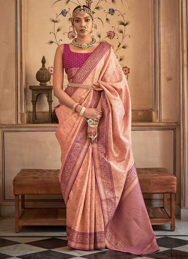 Peach Wine Banarasi Silk Wedding Wear Zari Work Saree