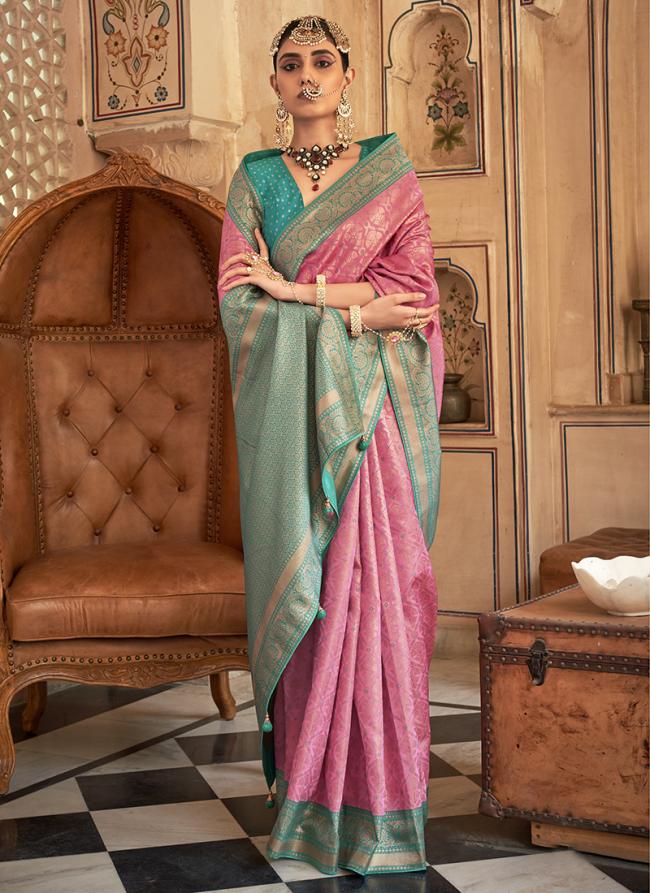 Pink Teal Blue Banarasi Silk Wedding Wear Zari Work Saree