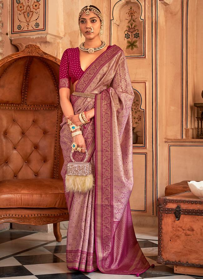 Pink Wine Banarasi Silk Wedding Wear Zari Work Saree