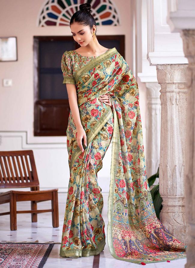 Green Ruby Linen Festival Wear Digital Printed Saree