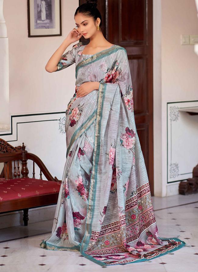 Grey Ruby Linen Festival Wear Digital Printed Saree