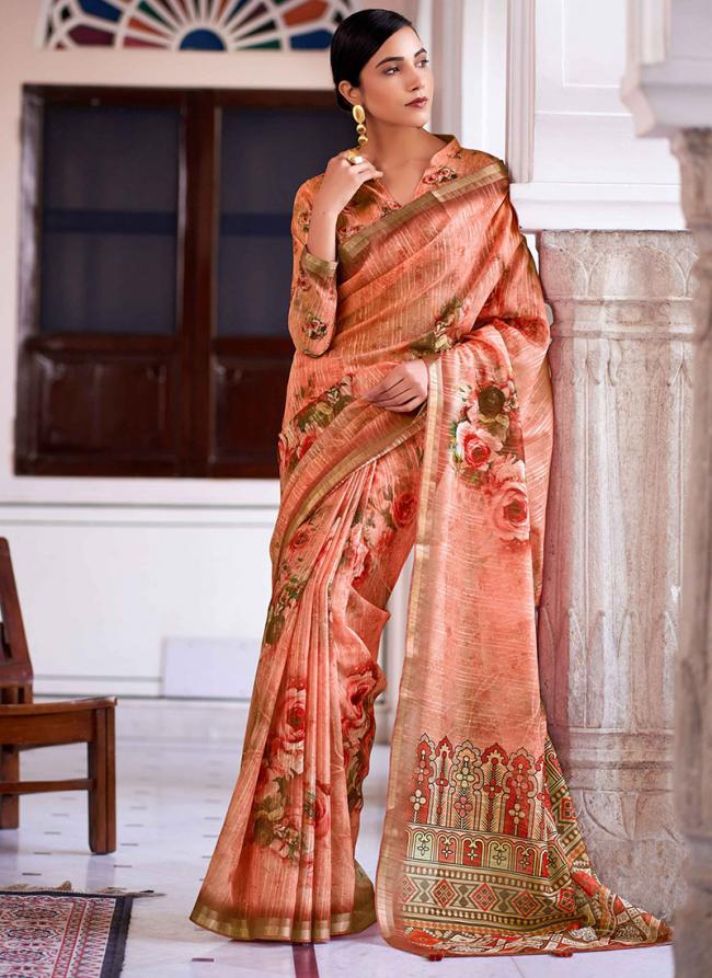 Orange Ruby Linen Festival Wear Digital Printed Saree