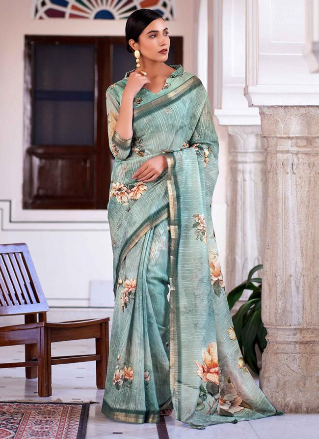 Sky Blue Ruby Linen Festival Wear Digital Printed Saree