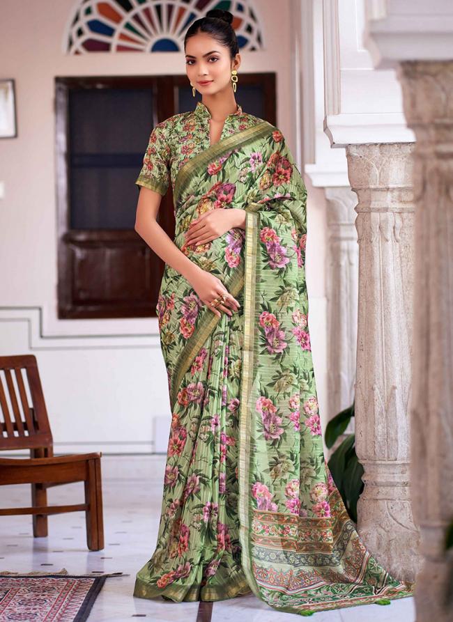 Green Ruby Linen Festival Wear Digital Printed Saree