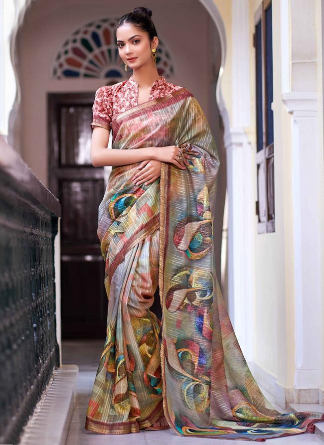 Multi Color Ruby Linen Festival Wear Digital Printed Saree