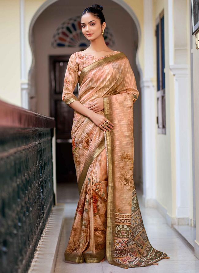 Peach Ruby Linen Festival Wear Digital Printed Saree