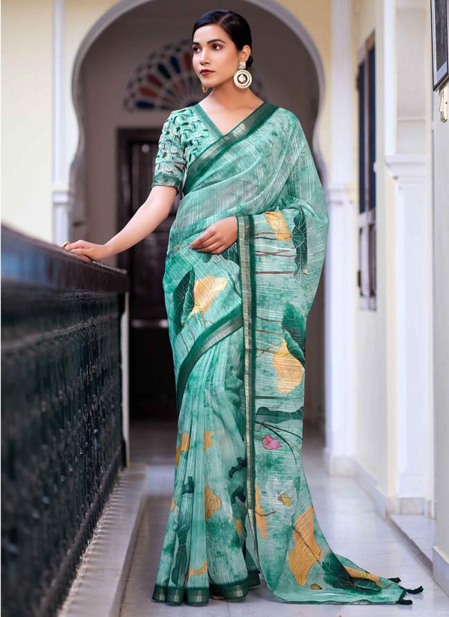 Sky Blue Ruby Linen Festival Wear Digital Printed Saree