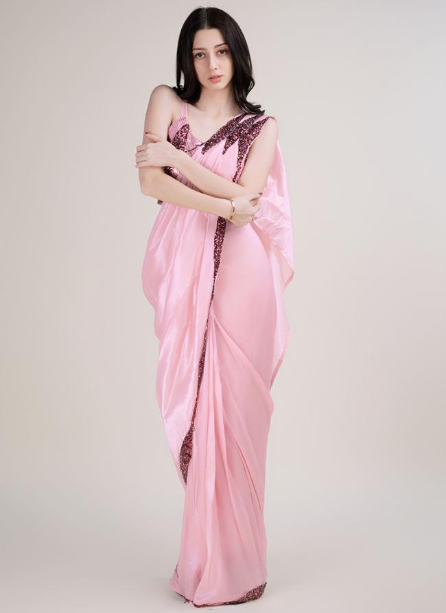 Pink Silk sattin Party Wear Sequence Work Saree