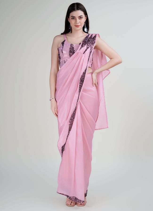 Pink Silk sattin Party Wear Sequence Work Saree