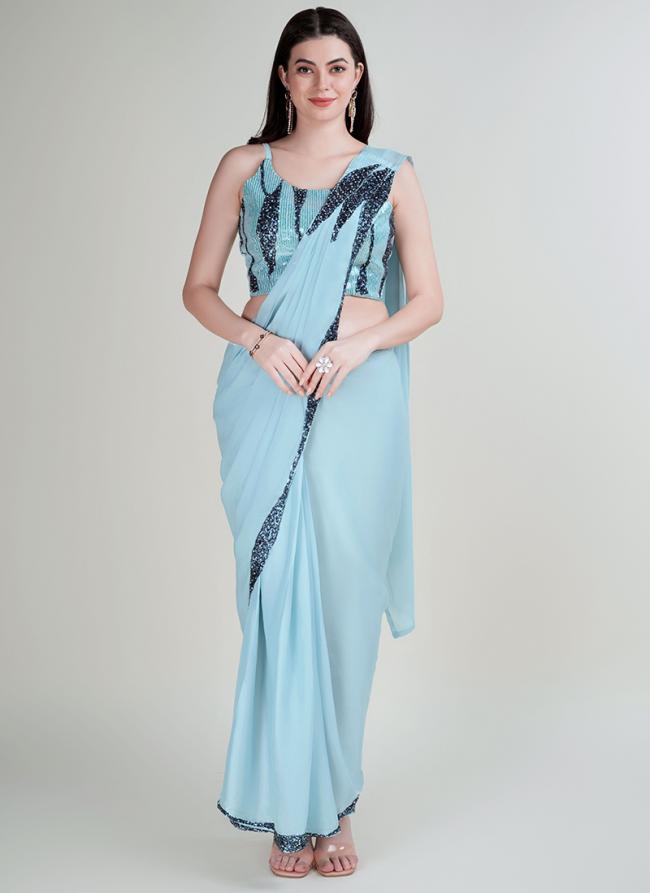 Sky Blue Silk sattin Party Wear Sequence Work Saree