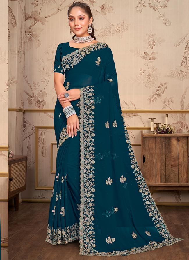 Morpeach Georgette Wedding Wear Embroidery Work Saree