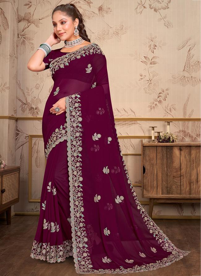 Wine Georgette Wedding Wear Embroidery Work Saree