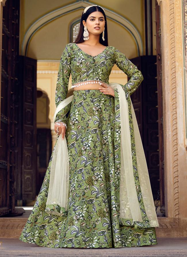 Green Finest Crushed Silk Party Wear Digital Printed Lehenga Choli