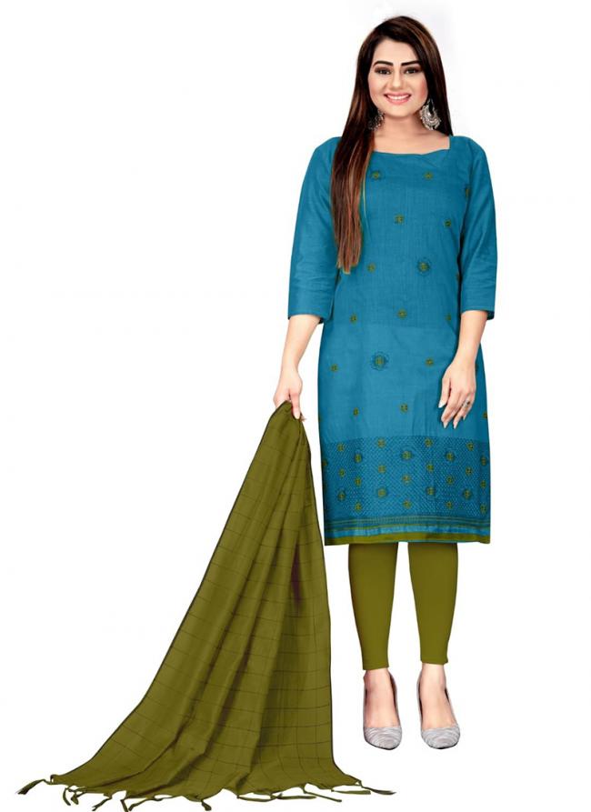 Sky Blue Banarasi Cotton Traditional Wear Embroidery Work Dress Material
