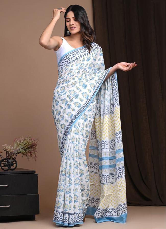 Sky Blue Cotton Mul Sarees Party Wear Digital Printed Saree