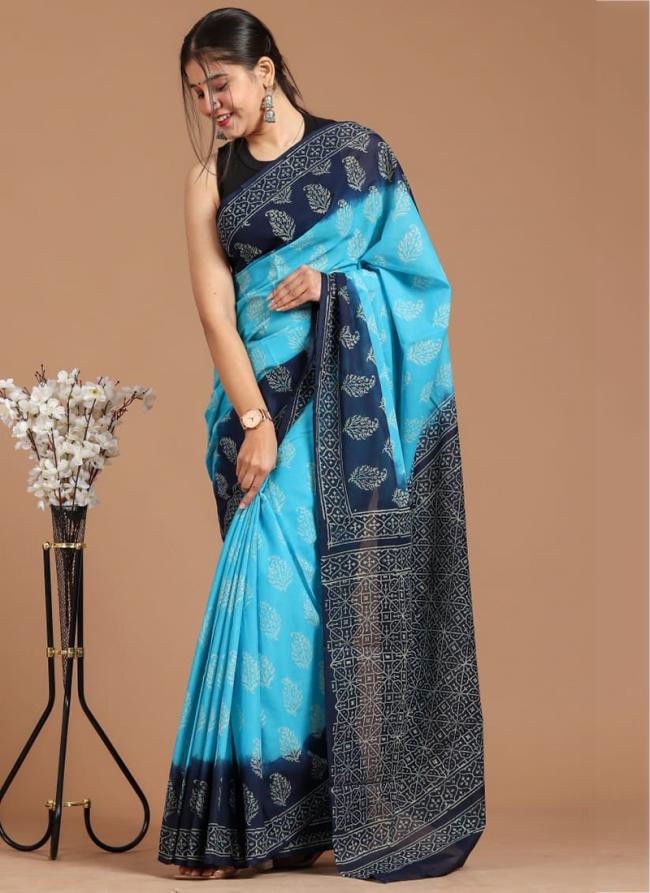 Sky Blue Cotton Mul Sarees Party Wear Digital Printed Saree