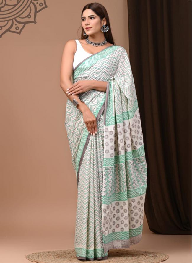 White Green Cotton Mul Sarees Party Wear Digital Printed Saree