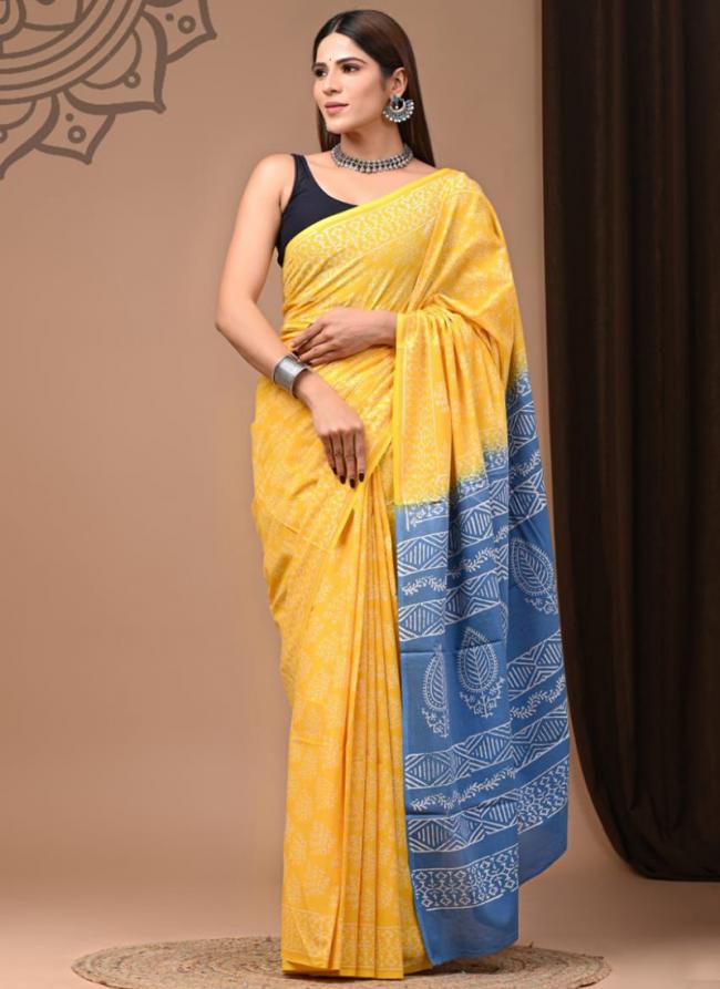 Yellow Cotton Mul Sarees Party Wear Digital Printed Saree