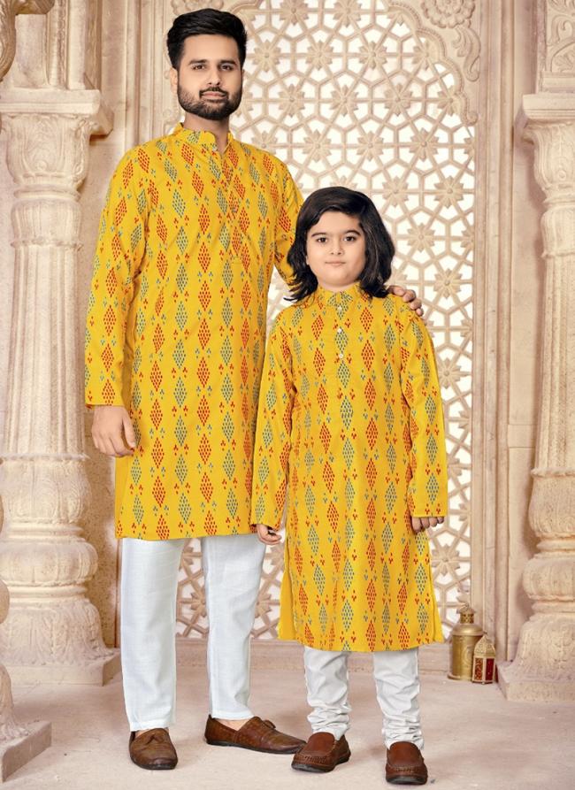 Yellow Magic Cotton Slub Festival Wear Digital Printed Readymade Kurta Pyjama Combo Set