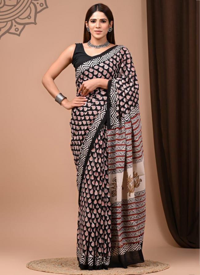 Black Pink Cotton Mul Sarees Party Wear Digital Printed Saree