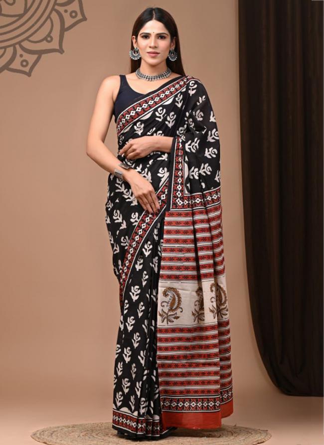 Black Red Cotton Mul Sarees Party Wear Digital Printed Saree