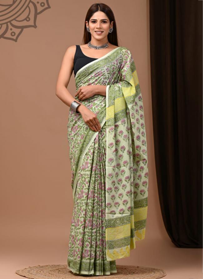 Light Green Cotton Mul Sarees Party Wear Digital Printed Saree