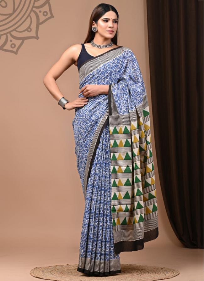 Sky Blue Cotton Mul Sarees Party Wear Digital Printed Saree