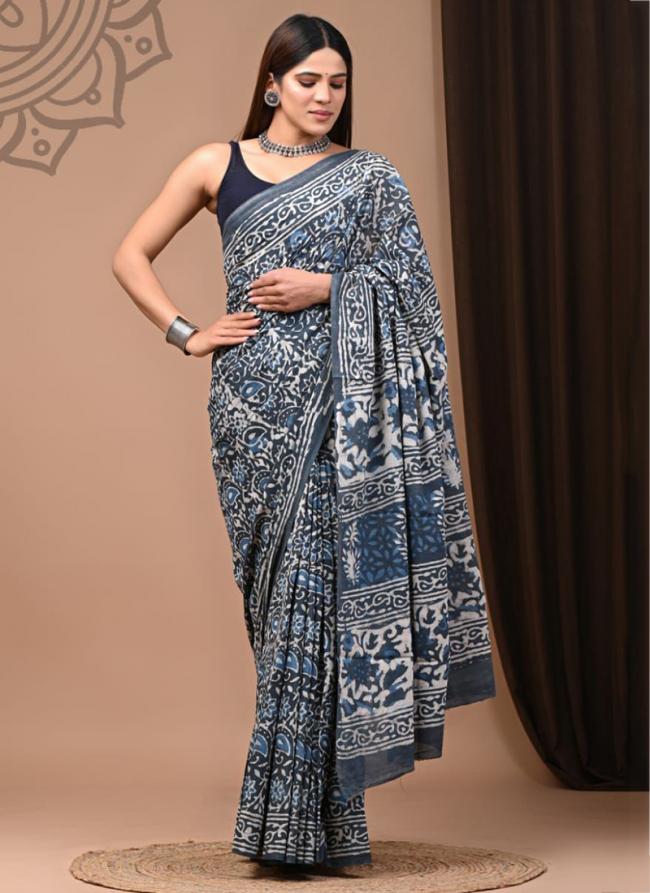 Blue Cotton Mul Sarees Party Wear Digital Printed Saree