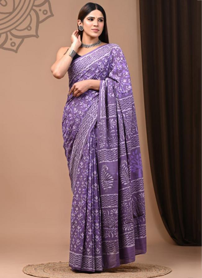 Purple Cotton Mul Sarees Party Wear Digital Printed Saree